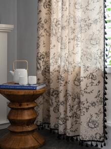 Bubaba 1 pièce de rideaux occultants à imprimé floral, style minimaliste nordique avec décoration de franges noir, convient pour la cuisine, la salle à manger, la chambre à coucher, l'hôtel, la décoration saisonnière