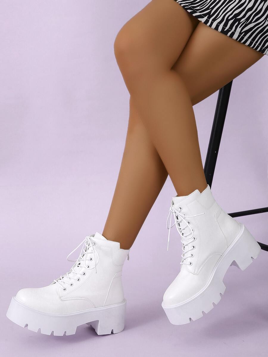 Giày bốt Nữ Thời trang màu trơn Dây kéo sau Lace-up Thanh lịch - trắng - Xem 1