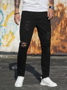 Manfinity Homme Men Cotton Ripped Frayed Skinny Jeans Slim Fit Long Jean Cargo Plain Black Urban Fashion Friends, Grunge