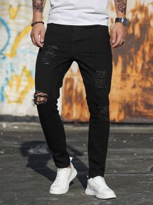 Manfinity Homme Men Cotton Ripped Frayed Skinny Jeans Slim Fit Long Jean Cargo Plain Black Urban Fashion Friends, Grunge