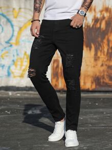 Manfinity Homme Men Cotton Ripped Frayed Skinny Jeans Slim Fit Long Jean Cargo Plain Black Urban Fashion Friends, Grunge