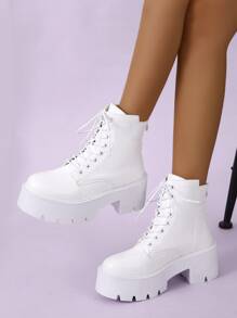 Giày bốt Nữ Thời trang màu trơn Dây kéo sau Lace-up Thanh lịch - trắng - Xem 3