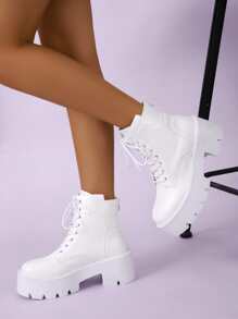 Giày bốt Nữ Thời trang màu trơn Dây kéo sau Lace-up Thanh lịch - trắng - Xem 4