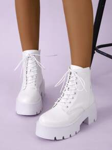 Giày bốt Nữ Thời trang màu trơn Dây kéo sau Lace-up Thanh lịch - trắng - Xem 5