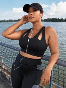 SHEIN Running Plus Cut Out Racer Back Sports Bra - Black - View 4