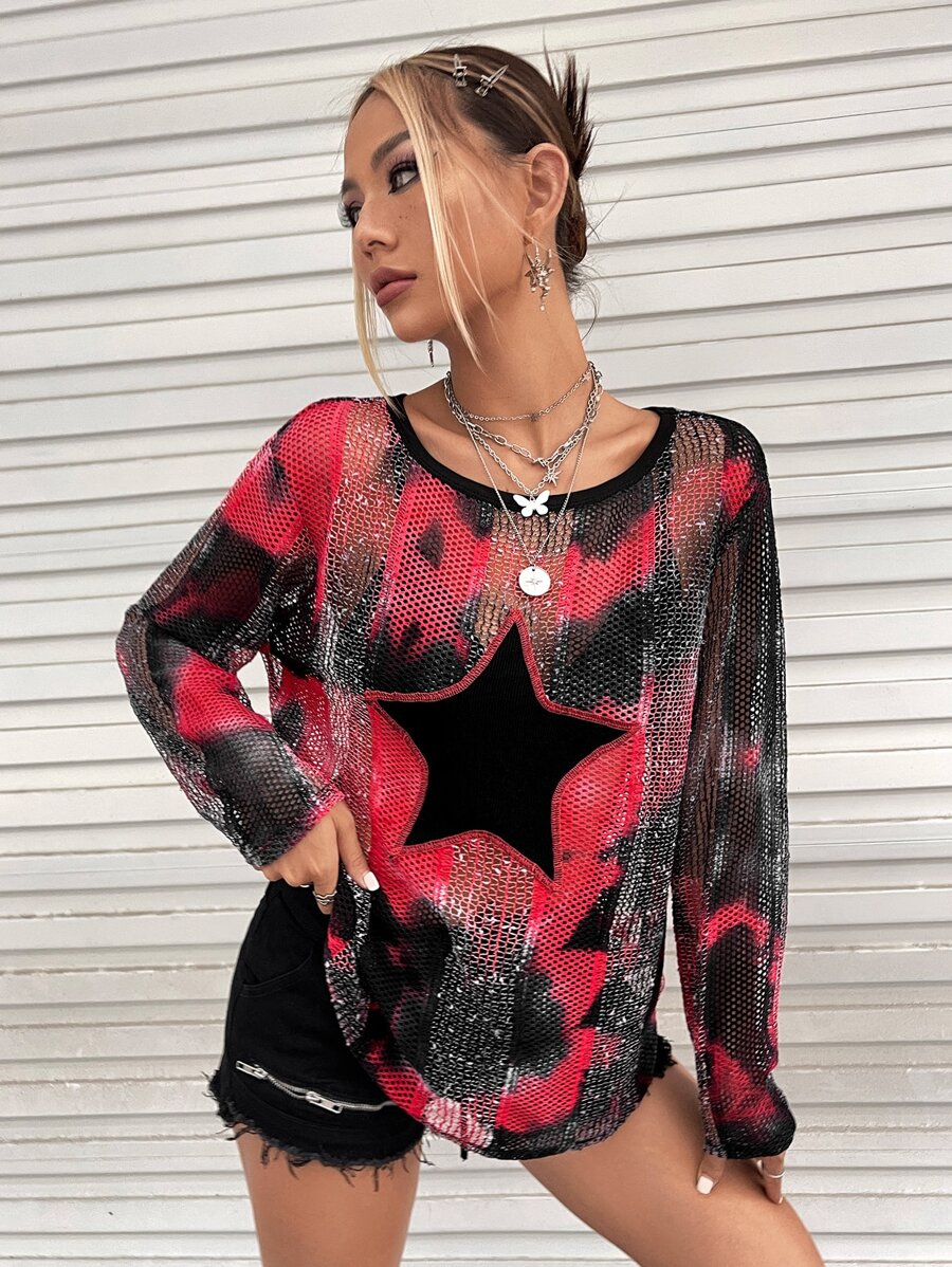 ROMWE PUNK 紮染星星印花網紗上衣 - 彩色 - 查看 1