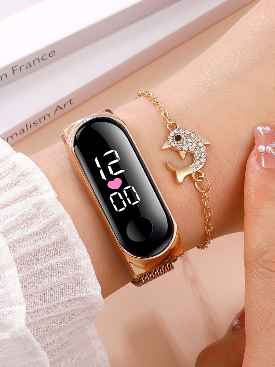 SHAARMS 1pc Minimalist Electronic Watch & 1pc Bracelet - Rose Gold - View 1