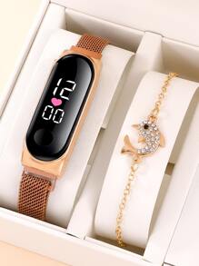 SHAARMS 1pc Minimalist Electronic Watch & 1pc Bracelet - Rose Gold - View 5