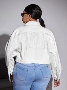 SHEIN SXY Plus Fringe Trim Drop Shoulder Denim Jacket - White - View 2
