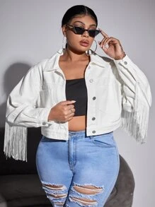 SHEIN SXY Plus Fringe Trim Drop Shoulder Denim Jacket - White - View 4