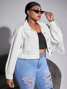 SHEIN SXY Plus Fringe Trim Drop Shoulder Denim Jacket - White - View 6