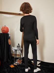 SHEIN Pijama De Calavera Para Niño Preadolescente Con Estampado De Calaveras, Ajuste Ajustado Y Cómodo Para Halloween - Negro - Ver 7