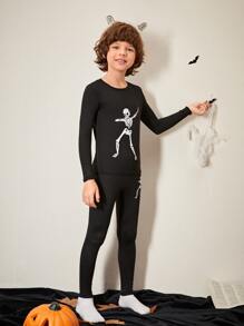 SHEIN Pijama De Calavera Para Niño Preadolescente Con Estampado De Calaveras, Ajuste Ajustado Y Cómodo Para Halloween - Negro - Ver 6