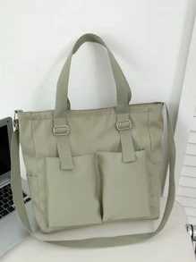 Buckle Decor Multi-pocket Shopper Bag - Green - View 4