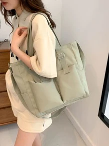 Buckle Decor Multi-pocket Shopper Bag - Green - View 7