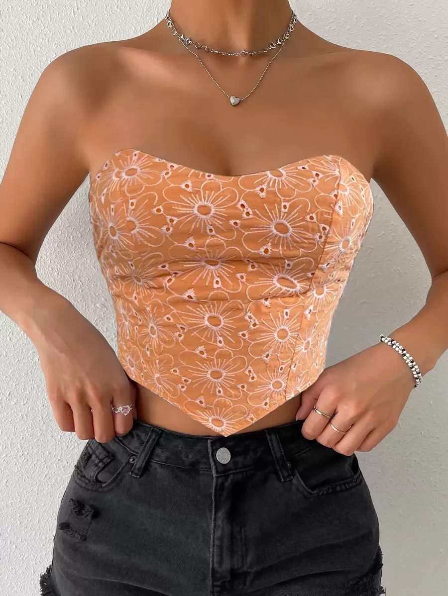 SHEIN ChicEase 花卉刺繡荷葉邊露背手帕下擺抹胸上衣 - 橘色 - 查看 1