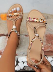 WRCVS صندل نسائي مزين بالزهور مزين بتفاصيل مضفرة ، صنادل مريحة مصنوعة من البوليستر في الهواء الطلق - متعدد الألوان - مشاهدة 3