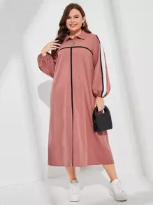 Mulvari 大碼拼接面燈籠袖連衣裙 - 藕粉色 - 查看 1