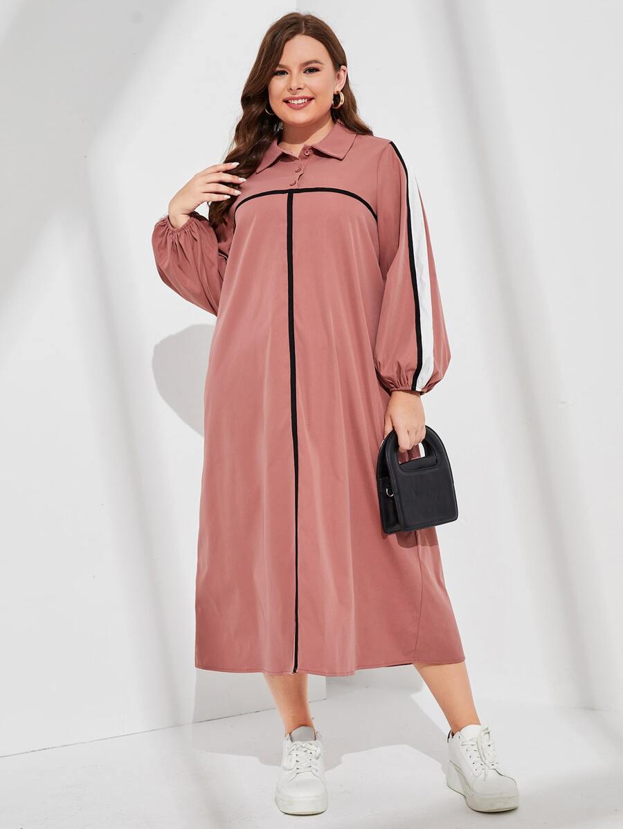 Mulvari 大碼拼接面燈籠袖連衣裙 - 藕粉色 - 查看 1