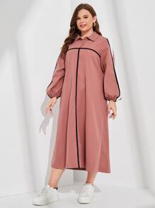 Mulvari 大碼拼接面燈籠袖連衣裙 - 藕粉色 - 查看 3