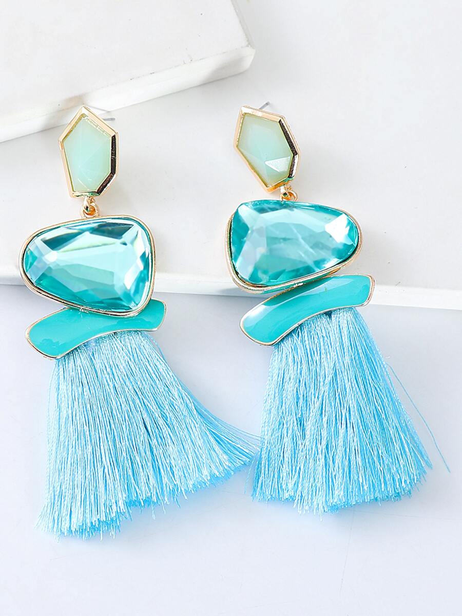 juran 1 đôi bông tai tua rua bằng nhựa phong cách Bohemian, xanh nhạt - Màu xanh nhạt - Xem 1