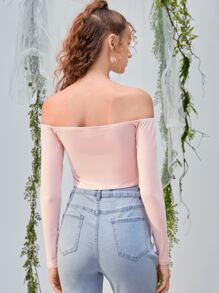 SHEIN MOD 一字肩前扭結胸部褶皺T恤 - 淺粉色 - 查看 6