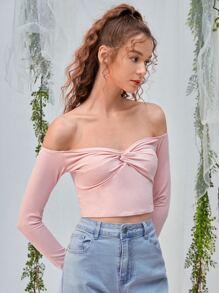 SHEIN MOD 一字肩前扭結胸部褶皺T恤 - 淺粉色 - 查看 4