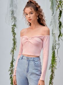 SHEIN MOD 一字肩前扭結胸部褶皺T恤 - 淺粉色 - 查看 3