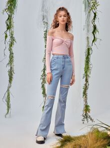 SHEIN MOD 一字肩前扭結胸部褶皺T恤 - 淺粉色 - 查看 5