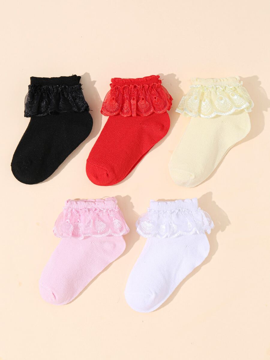 5pairs Toddler Girls Ruffle Trim Crew Socks - Nhiều màu - Xem 1