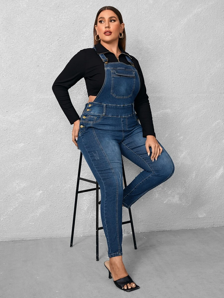 Petos mezclilla con bolsillo con solapa sin top - Azul lavado oscuro - Ver 1