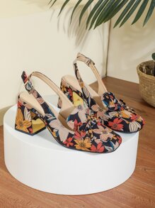 Tacones con patrón floral con diseño de lazo de punta cuadrada con tacón grueso de talón abierto - Multicolor - Ver 3