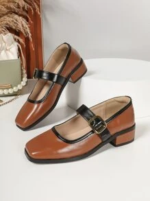 Contrast Binding Square Toe Mary Jane Pumps - Brown - View 3