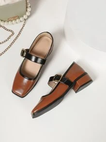 Contrast Binding Square Toe Mary Jane Pumps - Brown - View 4