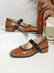Contrast Binding Square Toe Mary Jane Pumps - Brown - View 5