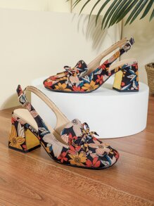 Tacones con patrón floral con diseño de lazo de punta cuadrada con tacón grueso de talón abierto - Multicolor - Ver 6