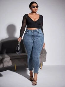 SHEIN SXY Jeans ajustados de talle alto - Azul lavado medio - Ver 4