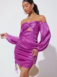 SHEIN BAE Off Shoulder Twist Front Drawstring Ruched Satin Dress - Violet Purple - View 1