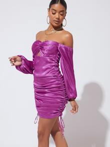 SHEIN BAE Off Shoulder Twist Front Drawstring Ruched Satin Dress - Violet Purple - View 3