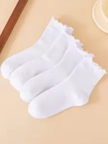 4pairs Solid Lettuce Trim Crew Socks - White - View 1