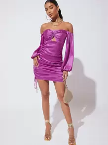 SHEIN BAE Off Shoulder Twist Front Drawstring Ruched Satin Dress - Violet Purple - View 5
