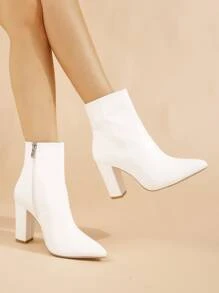 Zip Side Chunky Heeled Classic Boots - White - View 1