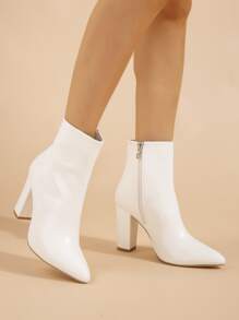Zip Side Chunky Heeled Classic Boots - White - View 5