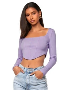 SHEIN Privé Scoop Neck Asymmetrical Hem Tee - Lilac Purple - View 3