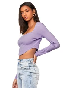 SHEIN Privé Scoop Neck Asymmetrical Hem Tee - Lilac Purple - View 5