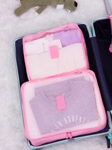 Set de 6 bolsas de viaje portátiles de poliéster, bolsas de embalaje de equipaje cuadradas para viajes con estampado de letras y bohemia - Rosa - Ver 5