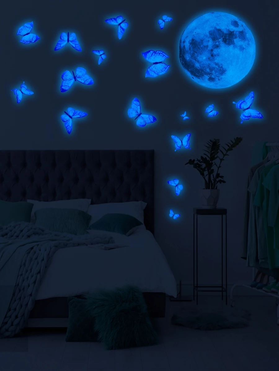 Hình dán tường hình mặt trăng & bướm phát sáng trong bóng tối - Nhiều màu - Xem 1