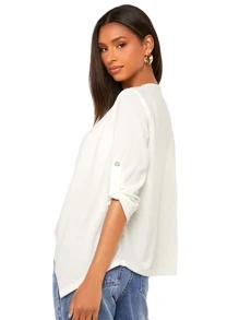 SHEIN LUNE Roll Tab Sleeve Open Front Coat - White - View 2