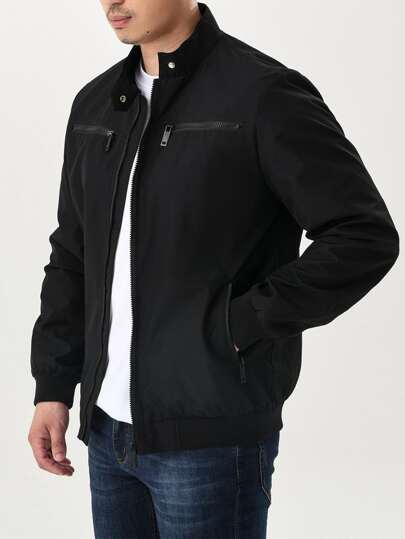 Calvornis Chaqueta cortavientos de ajuste holgado para hombre, de unicolor, con cremallera, para exteriores, chaqueta de motociclista, lisa, de manga larga, casual, para trabajo, ciclista, otoño