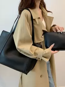 轻便，商务休闲简约单肩手提包，带内袋，适合少女、女大学生、新秀和白领人士，非常适合办公室、大学、工作、商务、通勤、户外、旅行、郊游，学校背包，书包，大容量，便携，商务休闲，适合少女、女大学生、新秀和白领人士，非常适合返校、小学、工作、商务、通勤，时尚工作包女士，适合日常优雅和特殊场合 - 黑色 - 查看 2